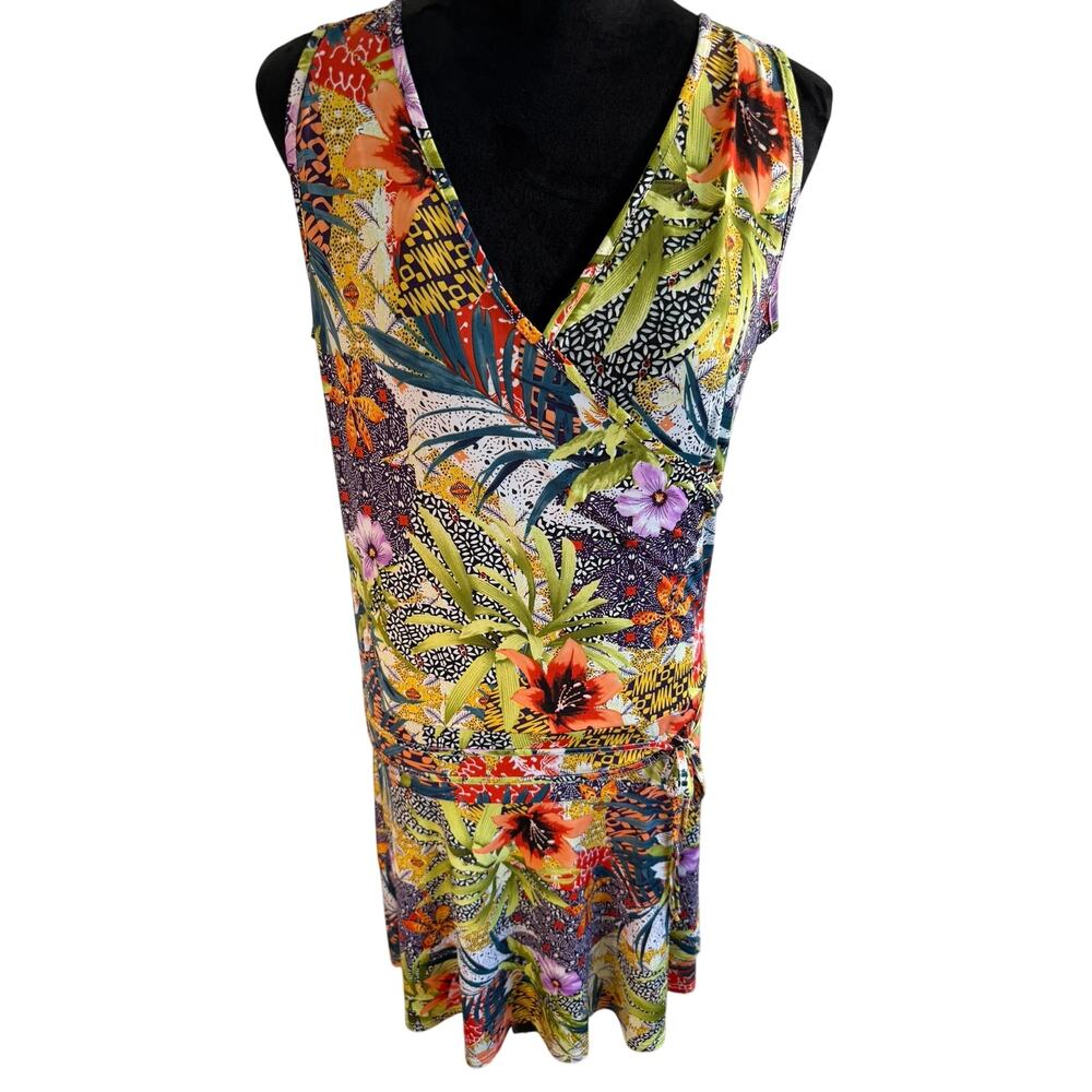 COLINE Tropical Floral Coastal Athleisure Stretch Drop Waist V Neck Sundress L